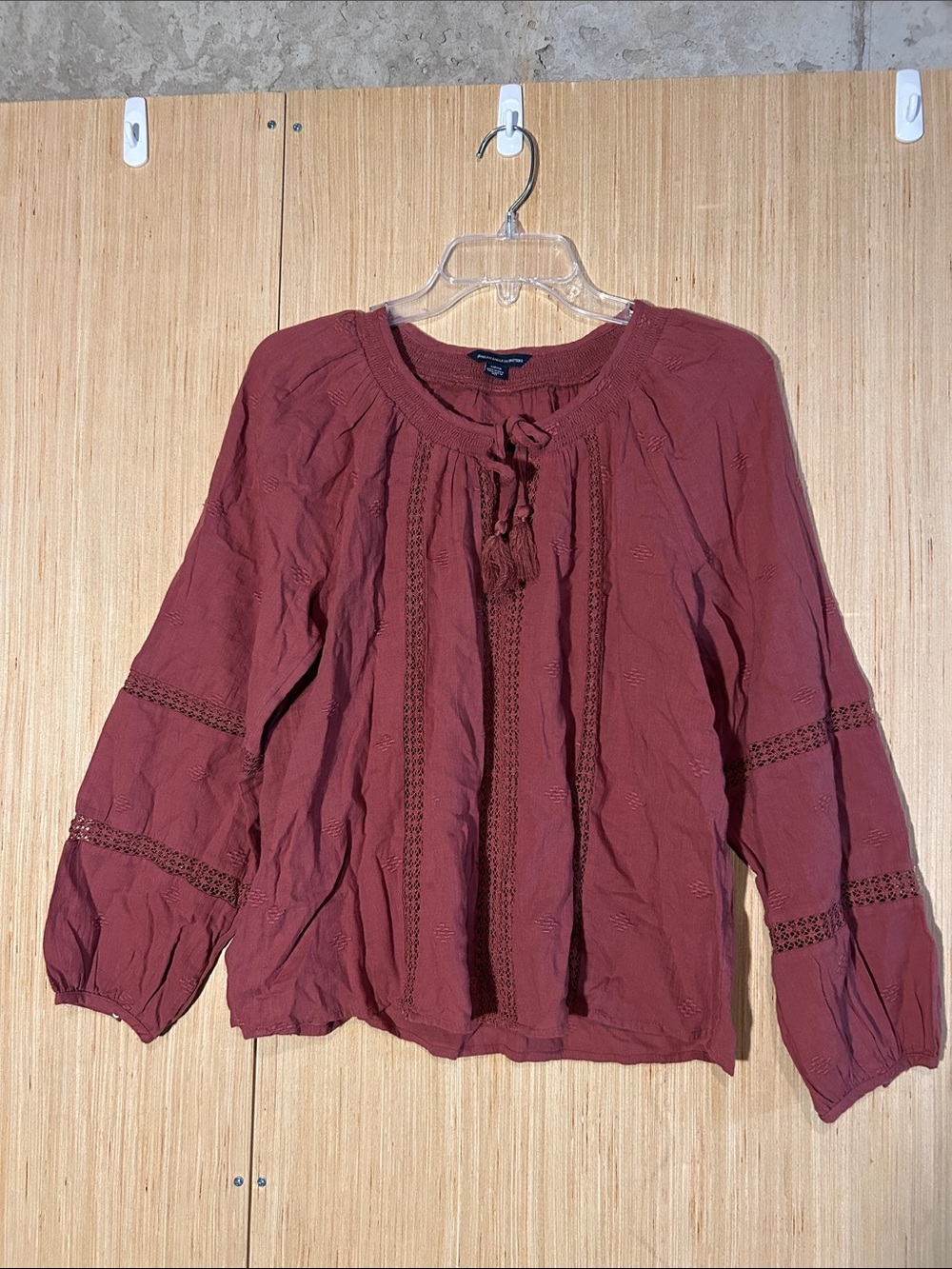 aerie Burgundy Boho Peasant Blouse with Tassel Tie